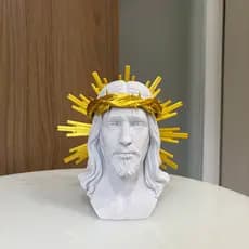 Estátua busto Jesus Cristo coroa espinhos dourado decoração religiosa casa sala quarto