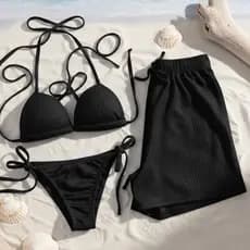 Kit 3 Peças Moda Praia Canelado: Biquíni Completo (Top/Calcinha) + Short Soltinho | Saída de Praia Tendência