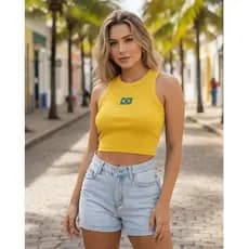 Regata Cropped Brasil Bordada Baby Look Ribana Feminina Estilo Gringa