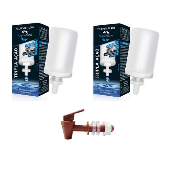 Kit 2 Velas Tripla Ação Alcalina Prata Carvão + 1 Torneira Marrom Preta Branca Para Filtro De Barro