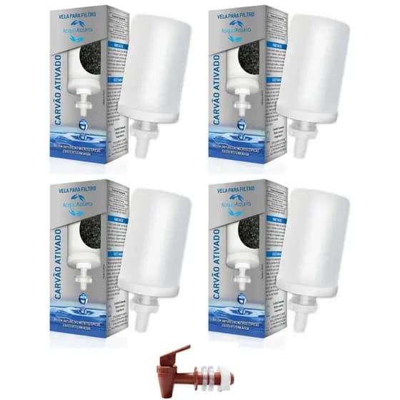 Kit Com 4 Velas Carvão Ativado + 1 Torneira Marrom Filtro De Barro Bebedouro Água