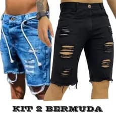 kit 2 Bermuda Jeans Rasgada Masculina Lisa Lycra Premium Promoção