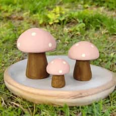 Trio de Mini Cogumelo Decorado de Ceramica Miniatura Cor Rosa