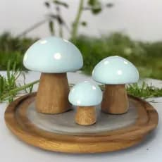 Trio de Mini Cogumelo Decorado de Ceramica Miniatura Cor Azul Claro