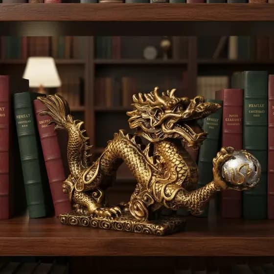 Estatueta Dragao Chines Com Base - Dourado em Resina
