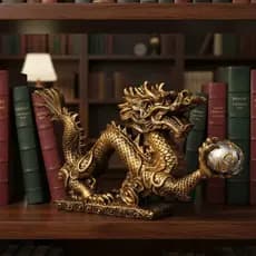 Estatueta Dragao Chines Com Base - Dourado em Resina
