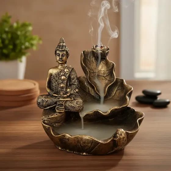 Incensario incenso Cascata Folha Buda Hindu Meditando em Resina Dourado