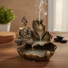 Incensario incenso Cascata Folha Buda Hindu Meditando em Resina Dourado