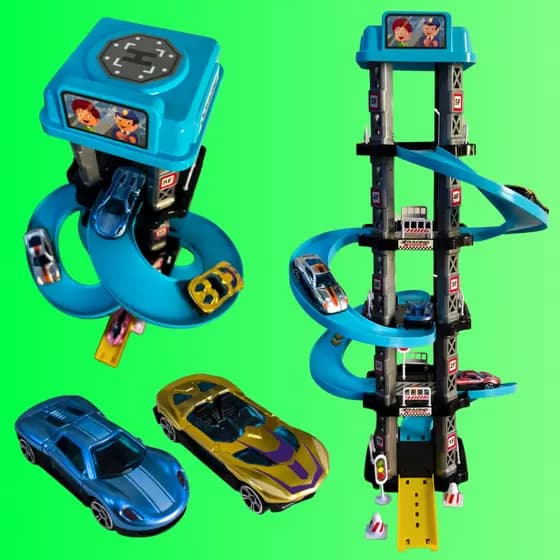 Carrinho radical pista de corrida infantil 5 andares 4 rampas 2 carrinhos