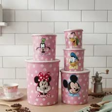 Kit de Potes 5 Peças Personagens Mickey e Minnie Plástico Mantimentos Cozinha Organização Cozinha
