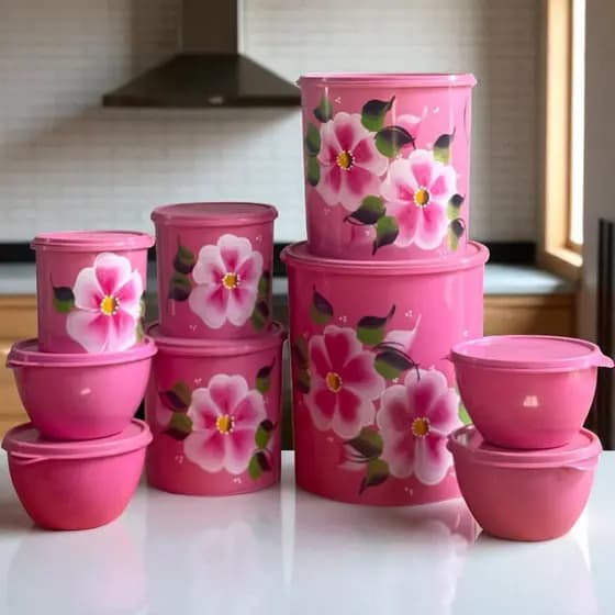 Kit Potes Mantimento 5 Peças Decorados à Mão e 4 Bowls Redondos 750ml Organizador de Comida Cozinha