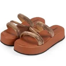 Papete Feminina 3 Tiras Z Strass Brilho Plataforma Alta Flat Confortável Luxo Birken Sandália