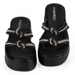 Sandália Feminina Tiras de Strass Brilho com Nó Plataforma FlatForm Luxo Confortável Blogueira Flat