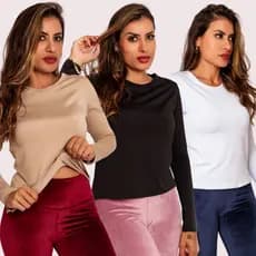KIT 3 Blusa Térmica Peluciada Segunda Pele Feminina Manga Longa Flanelada Inverno