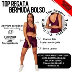 Conjunto Fitness Feminino Top Regata + Bermuda com Bolso Meia Coxa Micro Canelada Poliamida Premium