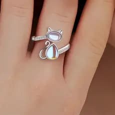 Anel Único de Pedra da Lua em Forma de Gato com Design Aberto de Desenho Animado, Moda Feminina de Celebridade da Intern