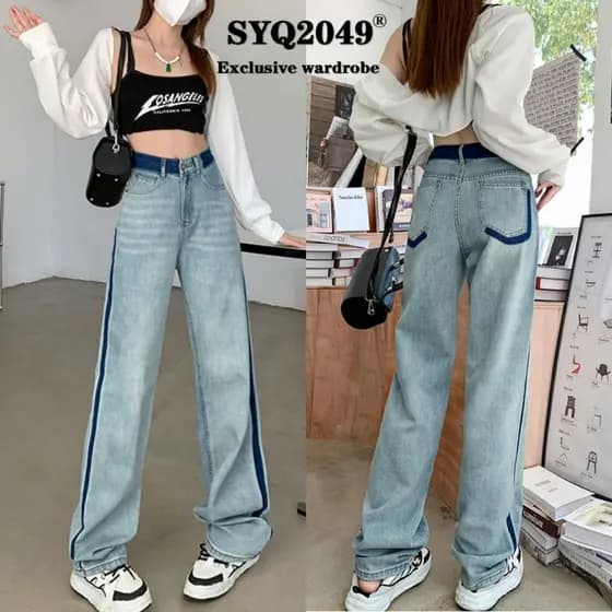 6893 Jeans de cor contrastante feminino cintura alta calças largas costura calças casuais calças de chão largo cor contr