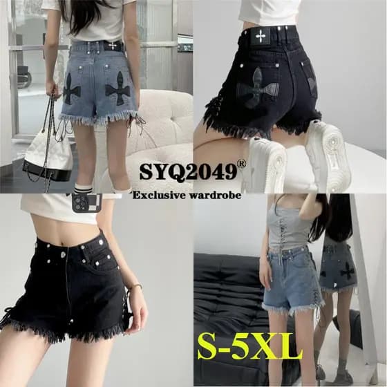 5626 Shorts jeans cruzados de couro Shorts femininos de tamanho grande Shorts com rebite Shorts jeans desgastados com co