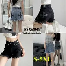 5626 Shorts jeans cruzados de couro Shorts femininos de tamanho grande Shorts com rebite Shorts jeans desgastados com co