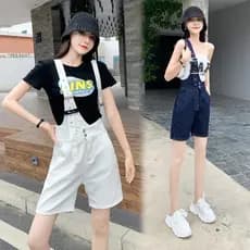 8856 Macacão Unilateral feminino macacão de um ombro calças de cinco pontos macacão jeans shorts verão fino pequeno susp