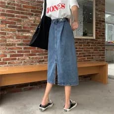 0735 Saia jeans com fenda feminina estilo Mori saia com fenda saia evasê estilo Hong Kong saia retrô de cintura alta sai