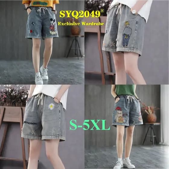 8615 Shorts jeans bordados Shorts de tamanho grande Arte retrô Cintura alta Calças largas Calças largas Shorts jeans ras