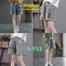 8615 Shorts jeans bordados Shorts de tamanho grande Arte retrô Cintura alta Calças largas Calças largas Shorts jeans ras