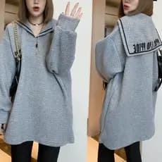 3063 gola marinha universidade t feminino estilo Preppy moletom solto moletom de comprimento médio universidade t carta