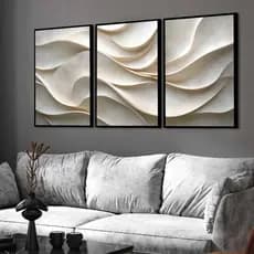 kit 3 quadro decorativo abstrato bege tons pastéis dourado minimalista luxo com molduras