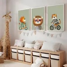 kit 3 quadro decorativo animais safari bebe infantil quarto de bebe menino com molduras