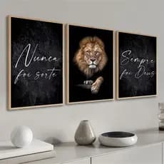 kit 3 quadros decorativos leão de juda marrom frase religiosa trio luxo com molduras