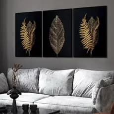 kit 3 quadro decorativo folhas douradas tons dourados luxo com molduras