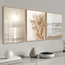 kit 3 quadros folhas de trigo praia mar ondas capim dos pampas gaivotas com molduras