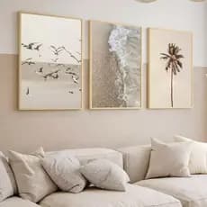 kit 3 quadro decorativo boho praia mar coqueiros gaivotas para sala com molduras