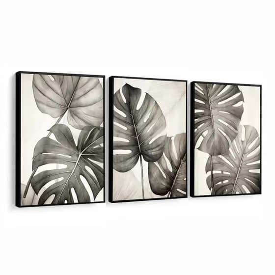 kit 3 quadros folhas preto e branco folhagem preto e branco com molduras