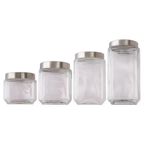 Kit 4 Potes De Vidro Quadrado Com Tampa Inox