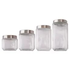 Kit 4 Potes De Vidro Quadrado Com Tampa Inox