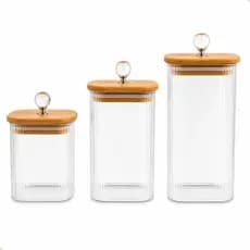 Kit 3 Potes Herméticos De Vidro Tampa Bambu Puxador Cristal
