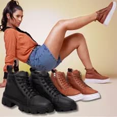 Kit Coturno Feminino Caramelo + Bota Tratorada Preta Combinação Rústica E Elegante.