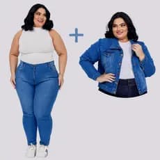 Kit 1 Jaqueta Jeans + 1 Calça Plus Size Feminino Cintura Alta e Bolsos