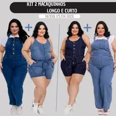 Kit 2 Macaquinhos Longo e Curto Jeans Plus Size Feminina Lycra