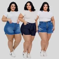 Kit 3 Shorts Jeans Plus Size Feminino Cintura Alta Bermuda com Elastano