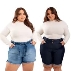 Kit 2 Shorts Jeans Plus Size Bermuda com Elastano Feminino Cintura Alta