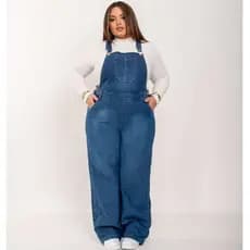Jardineira Jeans Plus Size Calça Cintura Alta Macacão Pantalona Wide leg