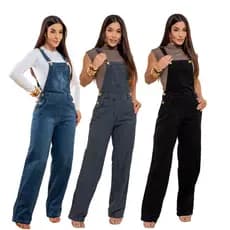 Jardineira Jeans Calça Cintura Alta Macacão Pantalona Wide leg