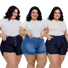 Kit 3 Short Jeans Plus Size cintura alta cinto com lycra e elastano blogueira