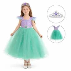 Fantasia Infantil Sereia Ariel Princesa Vestido Luxo Fundo do Mar Disney com Coroa Acessório Menina Festa Carnaval