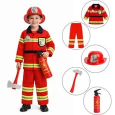 Kit Fantasia Bombeiro Infantil Completa Acessórios Cosplay Festa Carnaval Halloween 3-8 anos Unissex Vermelha
