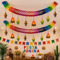 Cordão Colmeia Enfeite de Papel para Festa Junina Decoração 300cm Enfeite Corrente Sanfonada Seda Evento São João Arraia