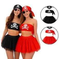 Kit Fantasia Pirata Preta e Vermelha 3 pçs Bandana Tapa Olho Saia Tule Carnaval Bloquinho Festa Cosplay Dupla Amigas